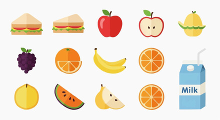 Assorted fruits and dairy products arranged neatly on a clean white surface viewed from directly above