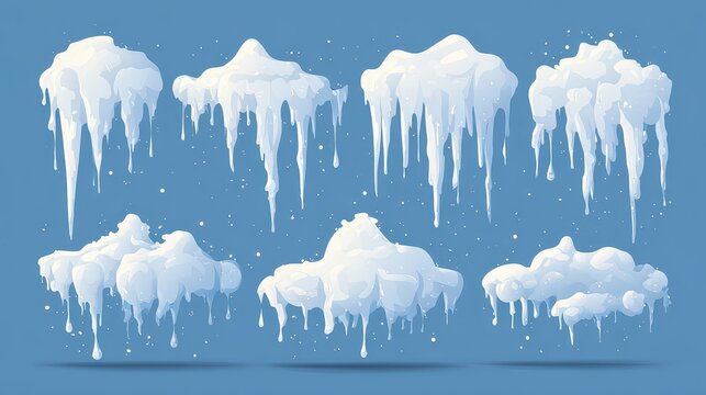 Pixel Art White Clouds with Icicles on Blue Background for Winter Themed Game Design and Retro Style Digital Projects Vector Illustration