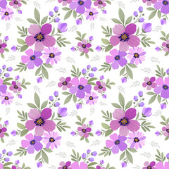 Fototapeta premium Vintage pink and purple spring flowers bloom in a seamless floral pattern vector illustration designed for elegant textile wallpaper and nature-inspired fabric decoration