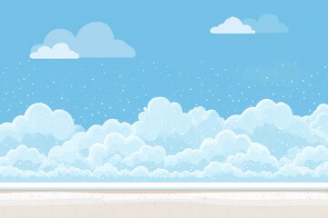 Pixel Art Landscape With White Clouds Against a Blue Sky Over Sandy Beach and Glittering Sparkling Specks of Light Background