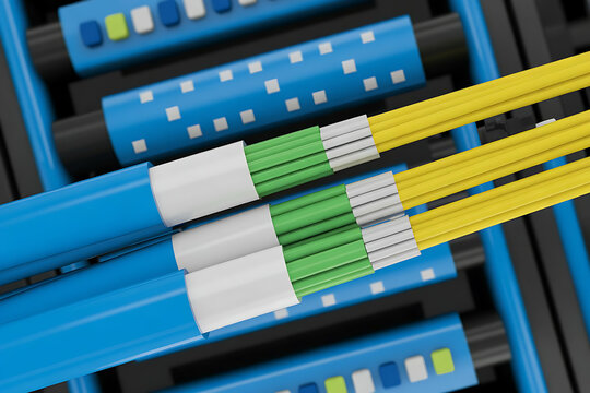 Close-up of bright yellow fiber optic cables arranged in a blue network rack, symbolizing high-speed data transmission and modern communication technology.