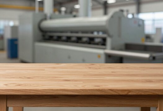 Tavolo in legno vuoto in primo piano con sfondo sfocato di fabbrica industriale o magazzino. Concetto per esposizione di prodotti o presentazione aziendale.
