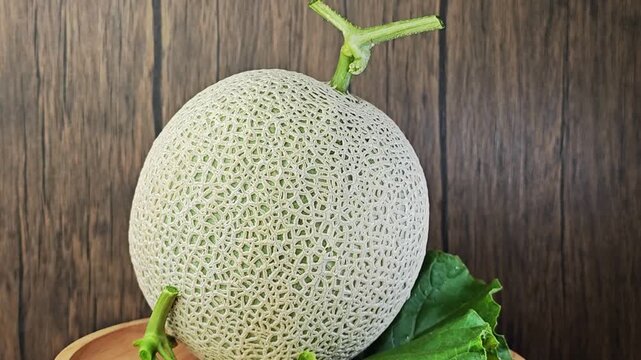 Melon rotation on wooden background.