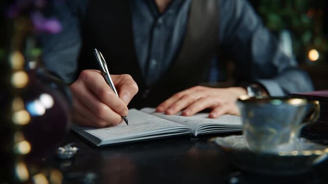 Capturing the Essence of Thought: A Person Engaged in the Act of Writing in a Delicate Notebook, Surrounded by Elegant Objects that Enhance the Serenity of the Artistic Space