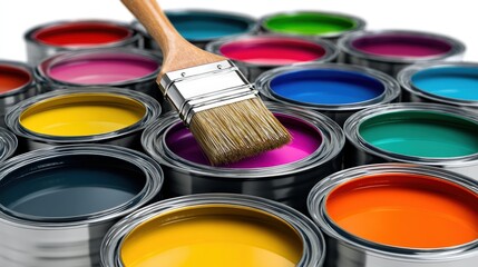 CMYK concept with cans forming a circle and brush placed at the center, isolated on white