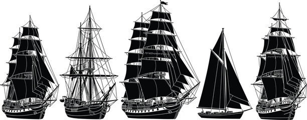 Sailing ship silhouette collection featuring historic tall ships and sailboats isolated on white background vector maritime illustration nautical design set © ARMAN STOCK