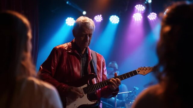An Electrifying Evening of Live Music: A Legendary Guitarist in a Red Jacket Captivates the Audience with Soulful Melodies and Engaging Performances Under Colorful Stage Lights