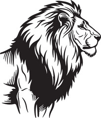 Obraz premium The magnificent head and upper body of a male lion, with a flowing mane, is depicted in a regal black and white engraving style illustration, symbolizing royalty. 