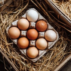Assorted organic chicken eggs in a paper carton on a bed of hay inside a rustic wooden box