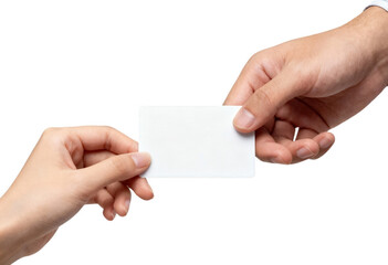 Obraz premium Male and female hands exchanging a blank white business card. Isolated on transparent background, png
