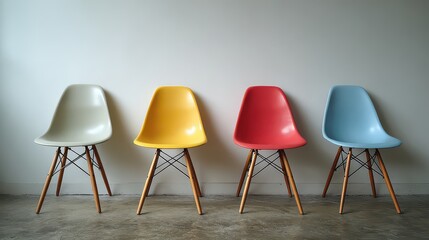 Row of Colorful Plastic Shell Chairs with Wooden Legs Against a White Wall in Interior Setup with Natural Lighting