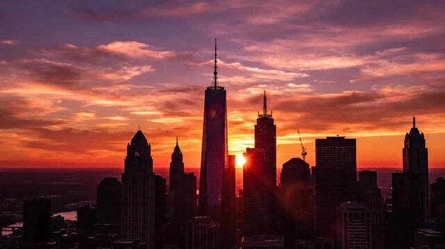 Cityscape silhouette at dramatic sunset viewed from afar with skyscrapers