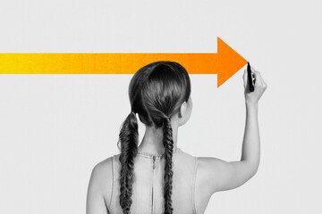 Trend artwork sketch design 3D collage of young lady hold marker draw arrow achievement goal...