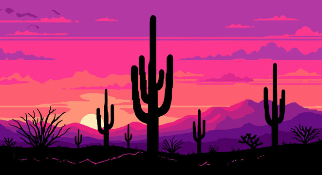 Pixel art sunset in desert landscape with cactus silhouettes