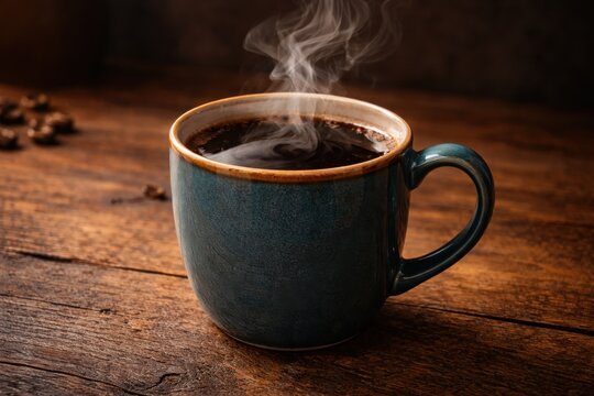 Steaming cup of black coffee on rustic wooden table background with soft morning sunlight