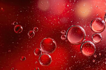 Macro view of crimson red oil droplets suspended in liquid