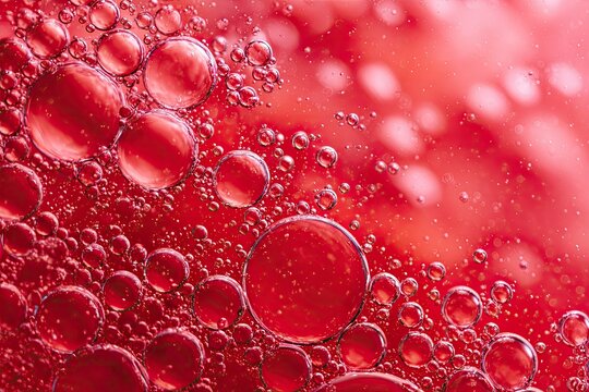 Abstract red liquid with numerous varied-sized bubbles and light reflections
