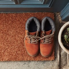 Shoes sit on a welcome mat at the entrance of a house with a blue door and a small green plant beside it
