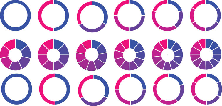 Pie chart set. Colorful diagram collection with  1,,2,3,4,5,6,7,8,9,10,11,12 sections and steps