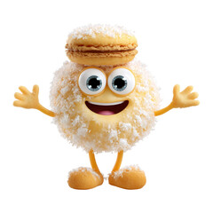 Cheerful Macaron Mascot: An adorable macaron mascot with a playful expression, featuring big, captivating eyes and an open smile, inviting viewers to savor the sweetness.