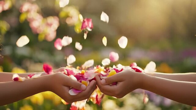 Hands exchanging flower petals in garden