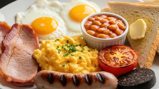 Full English Breakfast Platter: Sausage, Bacon, Eggs, Beans, Tomato, Black Pudding & Toast