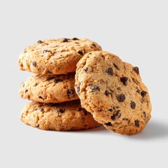 Four chocolate chip cookies stacked on a white surface, ready to be enjoyed!