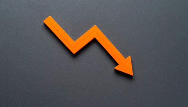 Orange wooden arrows pointing downward on dark gray backdrop, business failure and economic loss