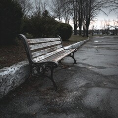A bench sits alone on a path in a park surrounded by trees under a cloudy sky in the evening