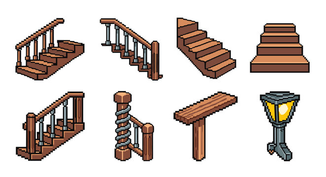 Pixel art wooden staircase and lamp elements for game design