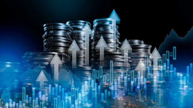 Double exposure of city and rows of coins for finance and banking.Financial stock market graph and rows of coins growth,business investment and currency exchange on city background.finance concept