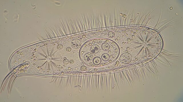 Microscopic view of a Paramecium protozoan with cilia and internal structures