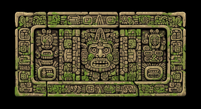 Ancient aztec stone carving with moss and intricate patterns on a black background