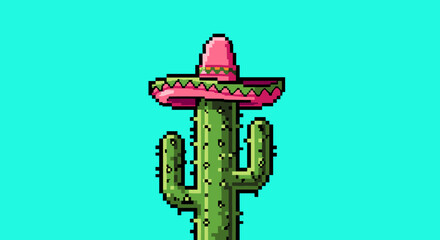 Naklejka premium Pixel art cactus with sombrero on turquoise background