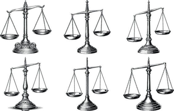 Engraving art collection of six vintage engraved scales of justice illustrations vector