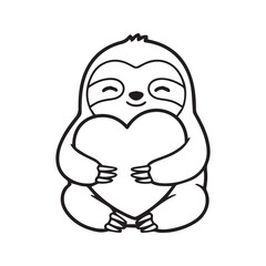 Naklejka premium Cute Sloth Hugging a Large Heart Shape Line Art Vector Illustration 