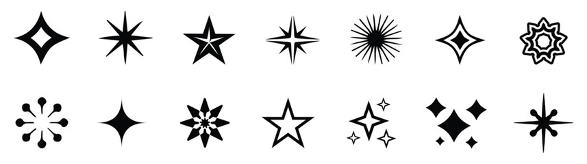Obraz premium Minimalist twinkle star shape symbols. Shining star icons, abstract sparkle black silhouettes.