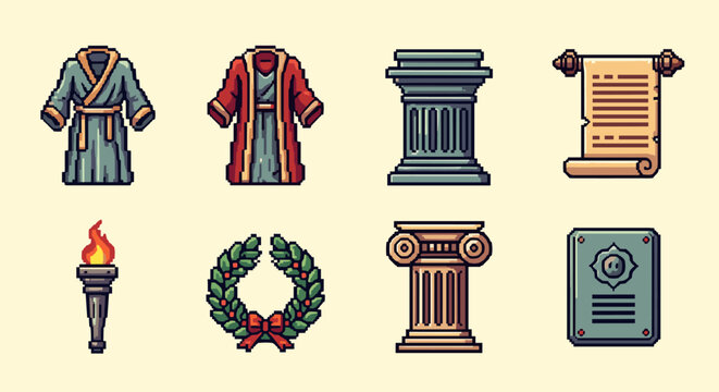 Pixel art ancient rome icons: robes, columns, scrolls, torch, laurel wreath, plaque
