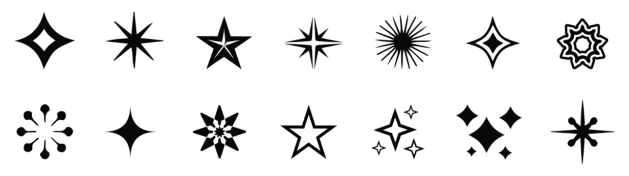 Minimalist twinkle star shape symbols. Shining star icons, abstract sparkle black silhouettes.