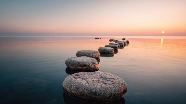 Beautiful beach scene with a row of large rocks floating in the water. The sun is setting in the background, casting a warm glow over the water and rocks. The scene is calm and tranquil