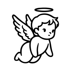 Fototapeta premium Dibujo sencillo con líneas de un querubín volando sonriente. Angelito feliz con alas