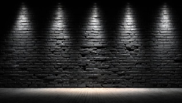 Dark, textured brick wall illuminated by dramatic spotlights from above
