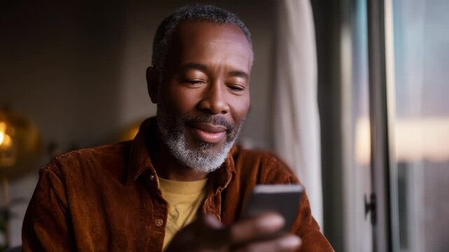 A happy elderly man engages with his smartphone, enjoying the digital world and connecting with friends and family. The warm atmosphere reflects his contentment and the joy of modern communication.
