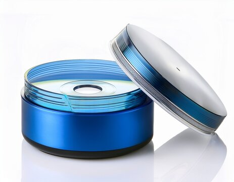 blue cd and dvd disk on an isolated white background with a blank cosmetic jar package