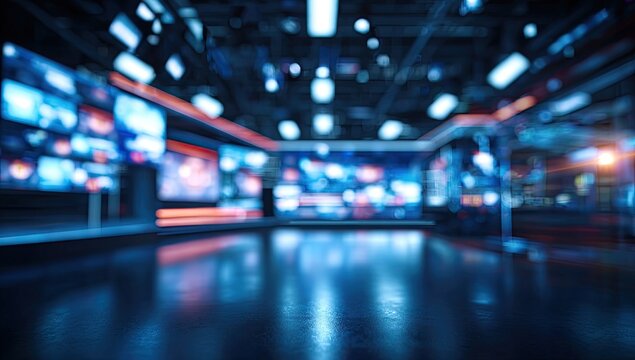 Blurry news studio with multiple screens and blue lights reflecting on floor