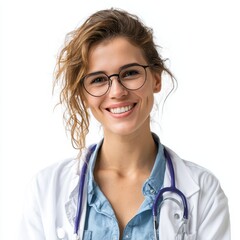 A doctor with curly hair and glasses stands smiling, wearing a white coat and a stethoscope around her neck