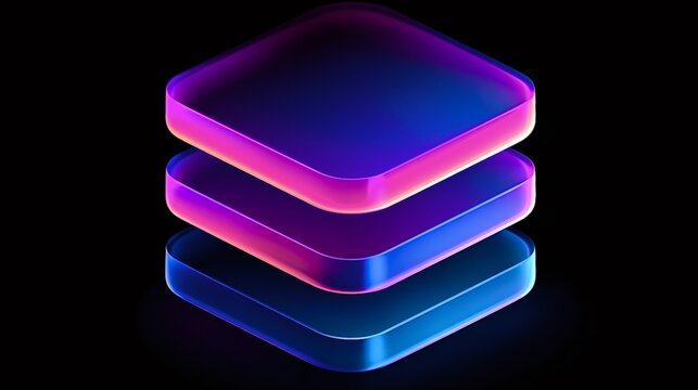 Stacked transparent glowing layers in vibrant purple and blue hues creating a futuristic abstract composition for concepts like data storage, software interfaces, or digital organization