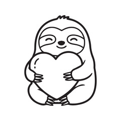 Naklejka premium Cute Sloth Hugging a Large Heart Shape Line Art Vector Illustration 