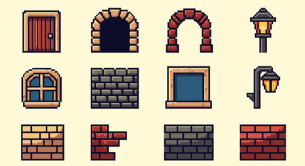 Retro pixel art architecture elements with doors, arches, windows, and walls