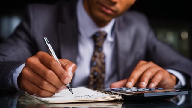 Professional Businessman Engaged in Financial Planning and Calculation, Writing Notes on Notepad While Using a Calculator for Budget Analysis and Economic Strategy Development